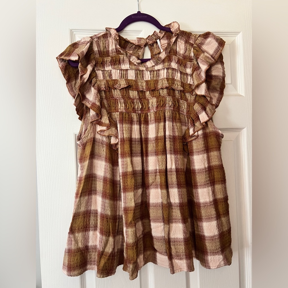 Free People “Not Your Average Girl” Plaid Ruffle Top in Brown and Cream
